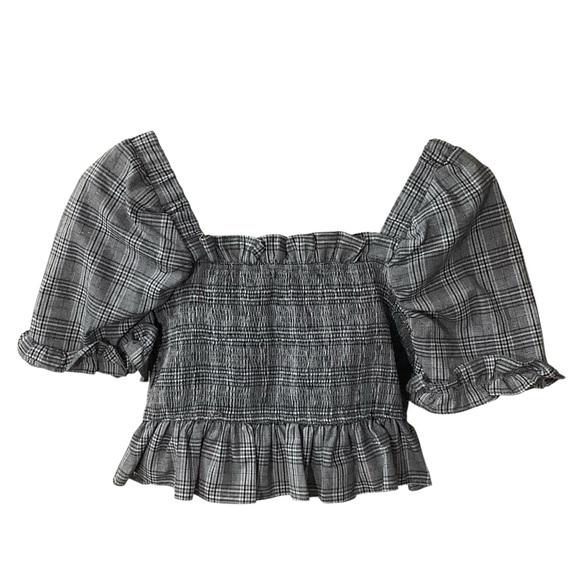 English Factory Plaid Shirred Puff Sleeve Top Crop - Picture 2 of 5